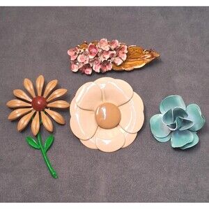 Vintage Enamel Flower Pin Lot 4 Pc